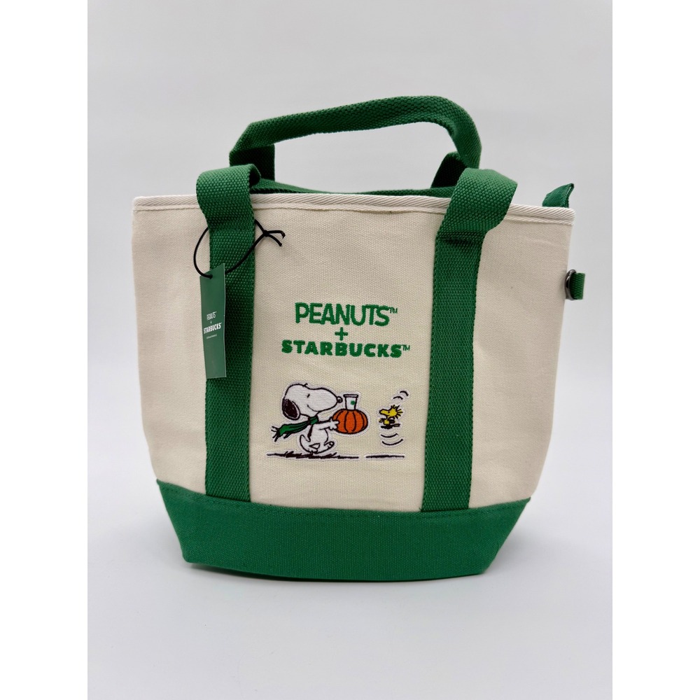 Starbucks x Peanuts Snoopy Canvas Tote Bag Green Cream Small Zip Top JH6052 NEW